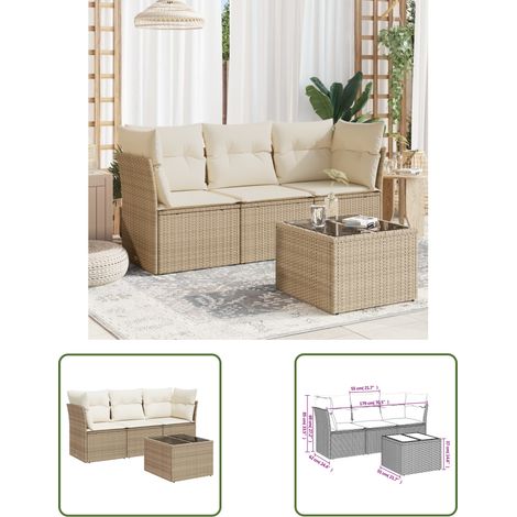 The Living Store Salon de jardin avec coussins 4 pcs beige résine tressée - Ensemble Salon De Jardin - Mobilier De Jardin - Salon D'extérieur - Résine Tressée - Rotin Synthétique (1/3)