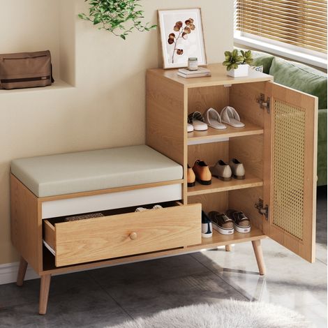 Scarpiera in MDF e truciolare color naturale con seduta imbottita, 2 cassetti, vano aperto e ripiani regolabili (1/5)