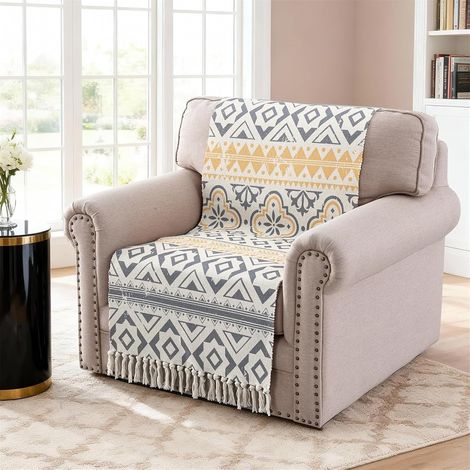 Boho Sofa Cover - Polycotton Armchair Cover, Geometric Sofa Protector with Fringe, Washable and Durable Cover for Living Room (C, 1 Pack/61x160cm) (1/5)