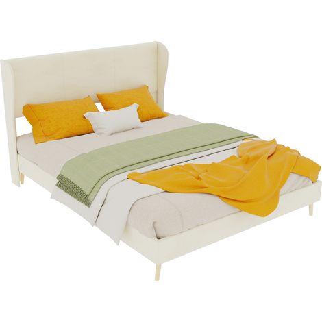 Lit 140x200 cm capitonné beige avec tête de lit rembourrée, cadre moderne en tissu et métal, base basse sans rangement, matelas exclu  CHICFURN (1/5)