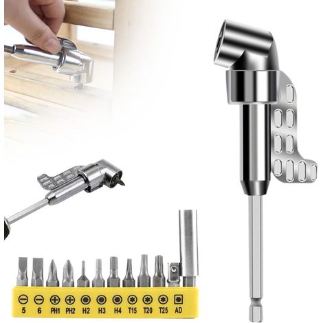 Adaptateur de perceuse à angle droit 105 degrés, accessoire de perceuse à angle droit amélioré 2025 avec embout de tournevis incurvé multifonctionnel, (long) (1/5)