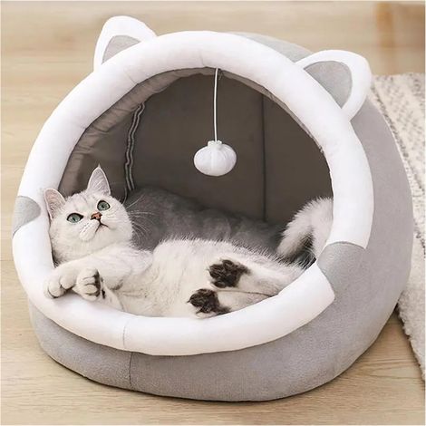 Cesta para gatos con cojín extraíble y lavable, casita para gatos, tienda de campaña para gatos, cama para mascotas, cueva suave para gatos, casita plegable para gatos (gris, mediano) (1/5)