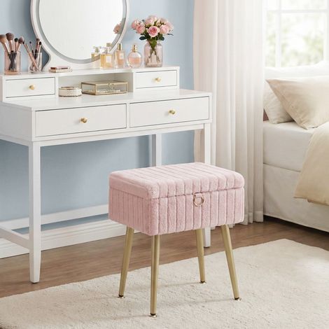 Tabouret de Coiffeuse, Rembourré avec Rangement, Tabouret Réglable en Métal, pour Chambre ou Salon, Rose (1/4)