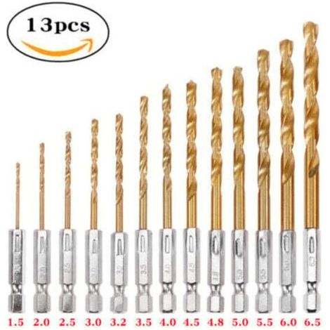 Jeu de 13 forets à percussion HSS titane – tige hexagonale, pour métal, acier, bois et plastique, système de changement rapide (1/4)