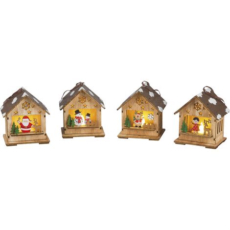 Saico LED-Dekohaus Weihnachten zum Hängen oder stellen Holz batteriebetrieben 9 cm 4-fach sortiert