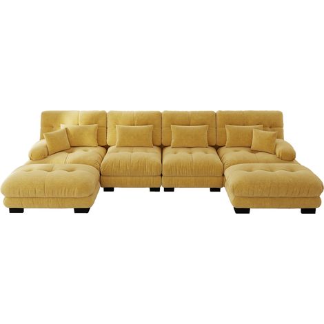 Canapé modulaire jaune 4 places en tissu chenille, ensemble configurable en U ou L avec ottomans mobiles, 406 x 145 x 81 cm (1/5)