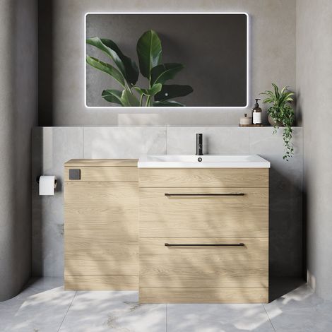 Napoli 460 Light Oak 1300mm 2 Drawer Vanity Unit Toilet Suite with Glide Basin - 1300mm - Matt Black 480mm HandleWithout Kingston Toilet Pan