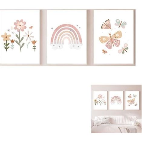 Set mit 3 Wandpostern fürs Kinderzimmer – Regenbogen-, Blumen- und Schmetterlingsmotive