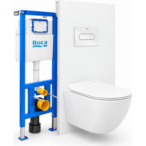 Pack WC complet bâti-support Roca, cuvette sans bride chasse tourbillonnante, abattant SoftClose, plaque blanche (ROCEWT04-FR)