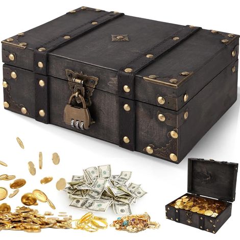 Coffre au trésor en bois avec serrure, Coffret pirate vintage pour enfants, 24 x 17 x 9.5 cm Coffre au trésor avec couvercle, Boîte coffre pirate, Coffre au trésor anniversaire enfant pour rangement (1/5)