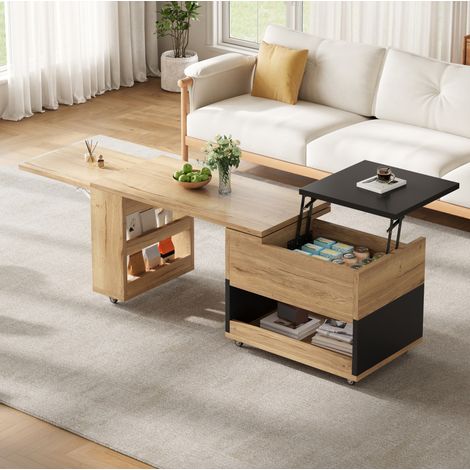 Table basse extensible, plateau relevable, rangement, naturel et noir HAVRYA (1/5)
