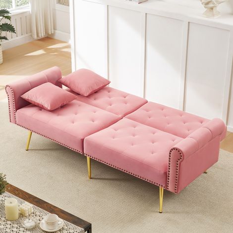 Sofá cama 2 plazas 147x85 cm rosa en terciopelo con respaldo ajustable y patas metálicas doradas (1/5)