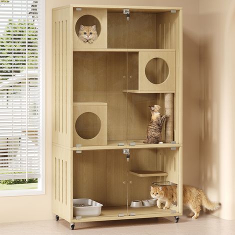 Cage mobile chat, villa, maison intérieure, meuble animaux, chinchillas, serrure clé, portes entrée sortie, 90x50x166 cm, bois naturel (1/5)