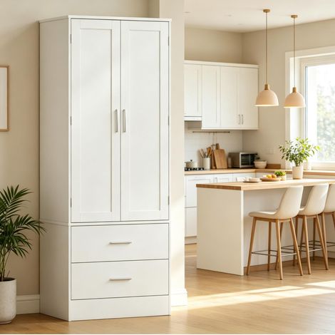 Armadio alto da cucina bianco con 2 ante, 2 cassetti e 8 portaspezie 60 x 40 x 159 cm (1/5)
