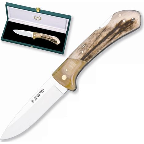 Handgefertigtes Messer ART-1 Miguel Nieto von 18 cms, mit Stahlklinge von 8 cms und mango Hirschhorn mit Präsentationsbox, limitierte Auflage