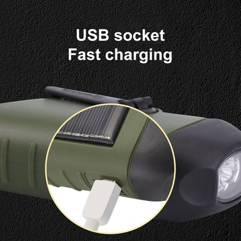 Lampe torche solaire à manivelle, lampe torche LED d'urgence, lampe torche de survie, lampe torche à mousqueton à fixation rapide pour sports de plein air (1/5)