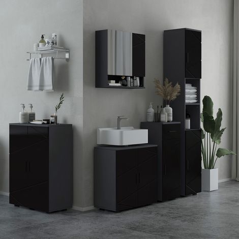 Meuble de toilette 2 portes en bois - dimensions 60x30x60 cm - étagère réglable pour lavabo avec ou sans piédestal - noir et gris foncé