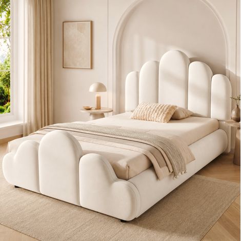 Lit 90x200 avec sommier, velours beige, enfant HAVRYA (1/5)