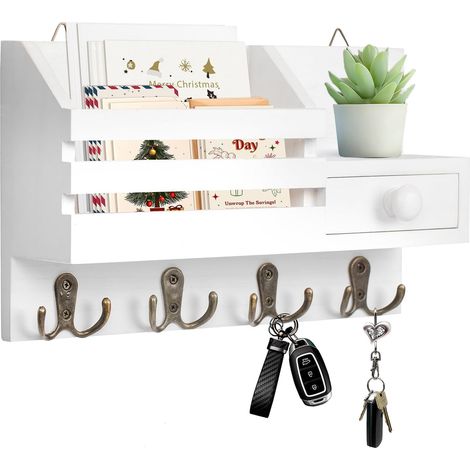 Porte-Clés Mural Bois, Porte Courrier Mural avec 4 Crochets Doubles et Tiroir de Rangement, Accroche Clef Mural, Etagère Murale pour Porte-clés pour Salon, Couloir, Bureau - Blanc (1/5)