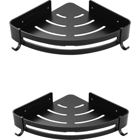 Mensola angolare per doccia, senza fori, in metallo con 2 ganci per doccia, antiruggine, autoadesiva + argilla per accessori da bagno, 2 pezzi (nero) (1/4)