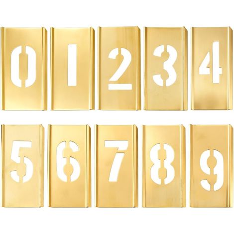 Juego de 10 plantillas reutilizables de latón dorado, del 0 al 9, con forma de números de 5,1 cm, para letreros de puertas, pintura de carreteras y scrapbooking. (1/5)