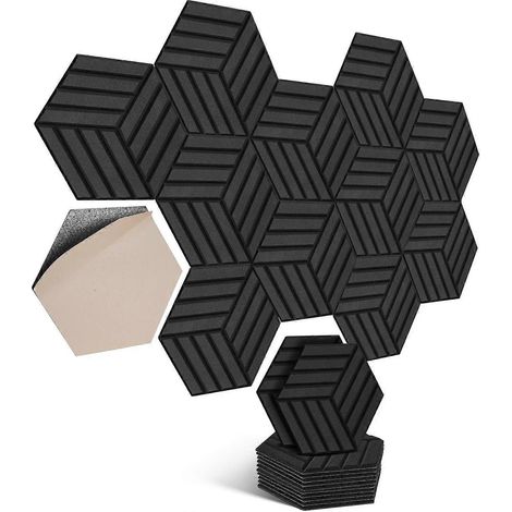 12er-Pack selbstklebende, sechseckige Akustikpaneele für Wände, Decken, Holz und Türen – Akustikpaneele 30 x 26 x 0,9 cm, gestreift, schwarz (1/4)