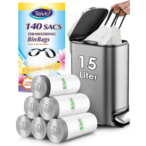 Lot de 140 petits sacs poubelle avec cordon de serrage - 15 litres - Pour la maison, le bureau, la cuisine, la salle de bain, la chambre à coucher - Blanc (1/5)