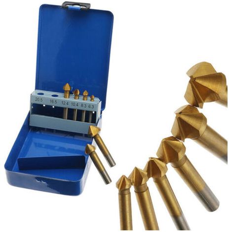 Ensemble forets à fraiser - Ensemble forets à fraiser à 90 degrés HSS, fraise à chanfreiner pour le travail du bois en métal, foret à chanfreiner revêtu titane HSS 6.3-20.5mm, 6pcs(Blue Iron Bo (1/4)