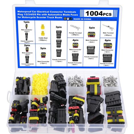 Kit 1004 Connecteurs Électriques Étanchéité Automobile, Fiches 1 à 6 Broches pour Voiture Moto et Bateau, Boîte de Cosses Connecteurs Étanches (1/5)