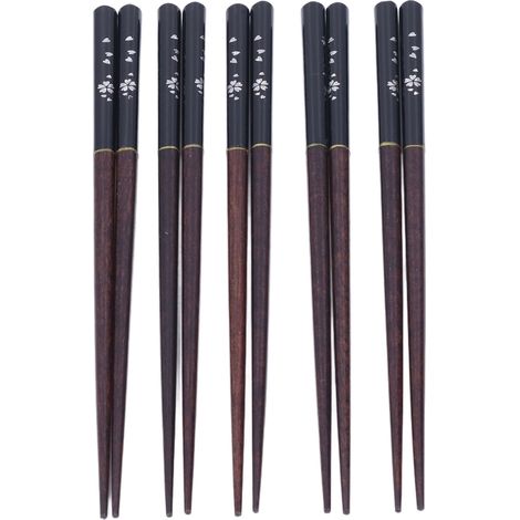Lot de 5 paires de baguettes en bois motif floral japonais, modèle D noir imprimé sakura (1/5)