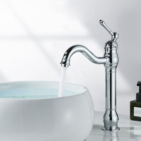 Robinet mitigeur haut pour salle de bain - Bec pivotant à 360 ° - En laiton - Poignée unique - Chrome poli - Pour eau froide et chaude (1/5)