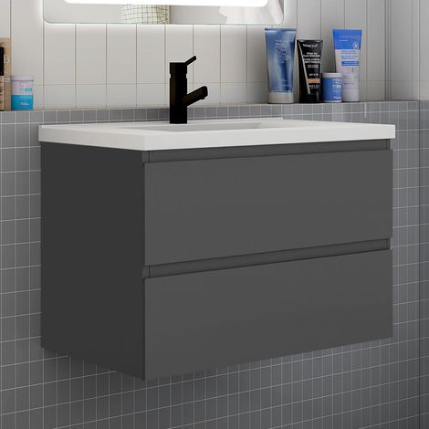Meuble de salle de bain suspendre avec vasque 2 tiroirs fermeture amortie meuble de rangement anthracite - 80cm