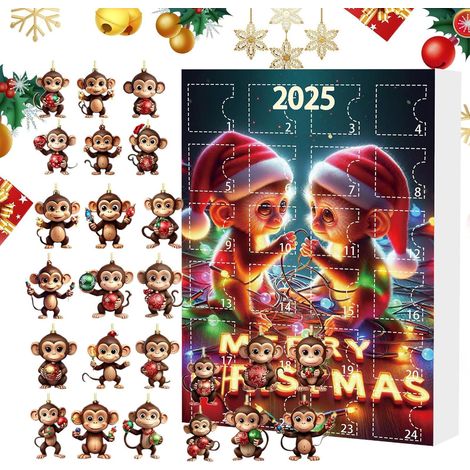 Calendrier de l'Avent 2025 , sapin Noël suspendu , 24 pièces , adorables décorations singes , , 2D D