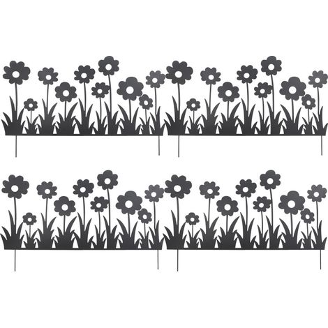 Lot de 4 Bordures Décoratives de Jardin en Métal Noir à Planter 111 x H 65 cm - Motif Fleurs - Livraison gratuite