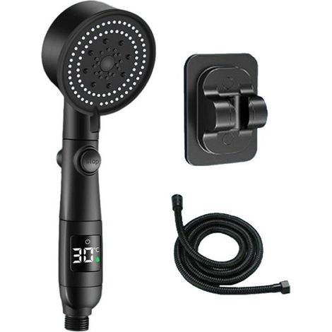 Ensemble de douche 1 pièce - avec affichage de la température - 5 réglages de douche - avec flexible et support (1/4)