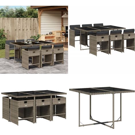 7-tlg. Garten-Essgruppe mit Kissen Grau Poly Rattan - Gartentisch - Esstisch - Gartenmöbel - Outdoor Möbel - Terrassenmöbel - Home & Living