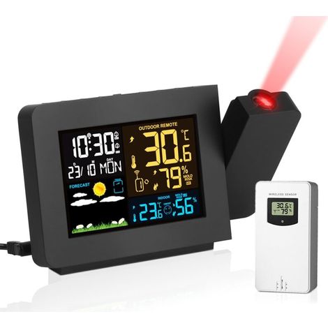 Réveil à projection atomique – Horloge radio-pilotée WWVB – Projection sur plafond – Capteur température et humidité sans fil – Fonction snooze (1/5)