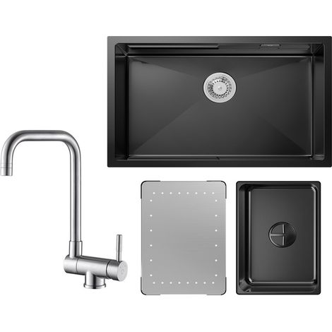 Cecipa Évier Cuisine 1 Bac Noir avec Egouttoir et Vasque Évier à Encastrer 70×44×21CM + Robinet Cuisine Rabattable Mitigeur Repliable devant Fenêtre Brossé (1/5)