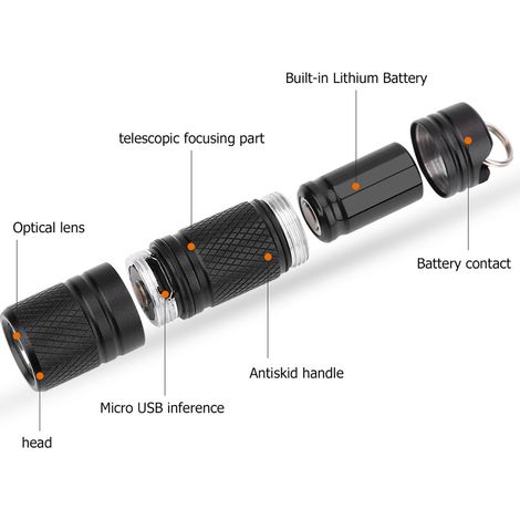 Mini lampe torche LED portable rechargeable USB, porte-clés, lampe torche de poche (noire) (1/5)