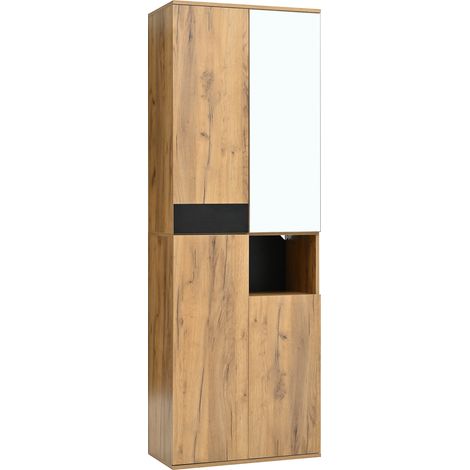 Armoire haute avec miroir, 4 portes et 1 compartiment ouvert, noir et naturel, 65 x 35 x 190 cm (1/5)