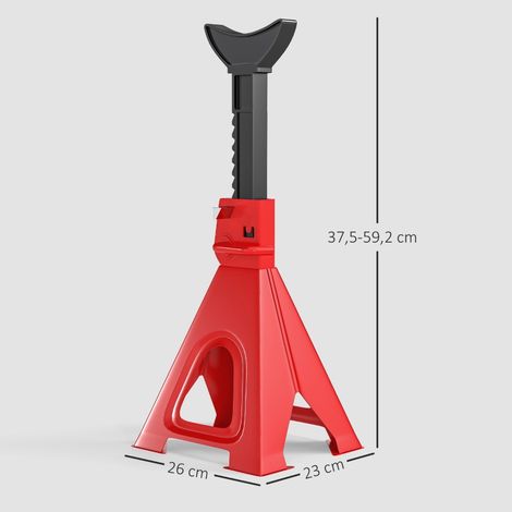 Chevalet de support 6 tonnes, lot de 2 avec 2 goupilles de sécurité, 13 niveaux, hauteur réglable 375-592 mm, pour voiture, cric, atelier, garage, rouge. (1/5)