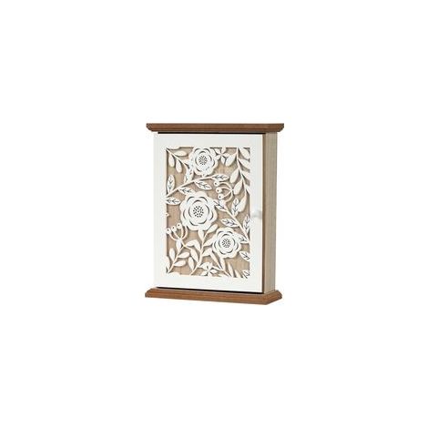 Schlüsselschrank mit 1 Schlüssel, weißes Blumenmuster, 6 Haken, Massivholz und Metall, für Eingangsbereich, Flur, Büro (1/5)