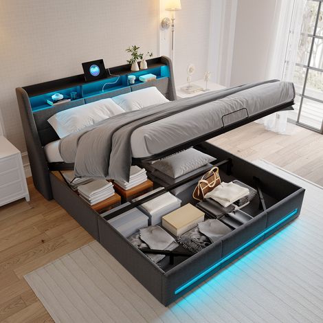 Lit double rembourré, 140 x 190 cm, revêtement en lin, lit coffre, avec éclairage LED RGB, ports USB et Type-C, lit adulte, lit adolescent, sommier à lattes, matelas non inclus, gris (1/5)