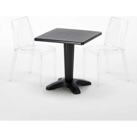 Tavolino Quadrato Nero 70x70 cm con 2 Sedie Colorate Trasparenti Cristal Light Balcony - Trasparente