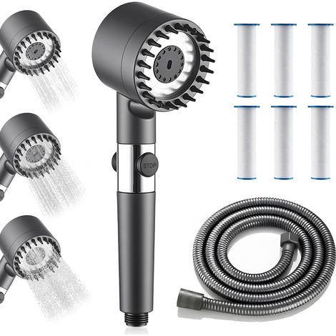 Duschkopf mit Schlauch 1.5M, Handbrause Hochdruck Duschkopf mit Filter, 3 Strahlarten Duschsparkopf, 1 Filterelemente, Universal Einstellbarer Brausekopf Dusche, sofortiger Stopp-Taste (Dunkelgrau) (1/5)