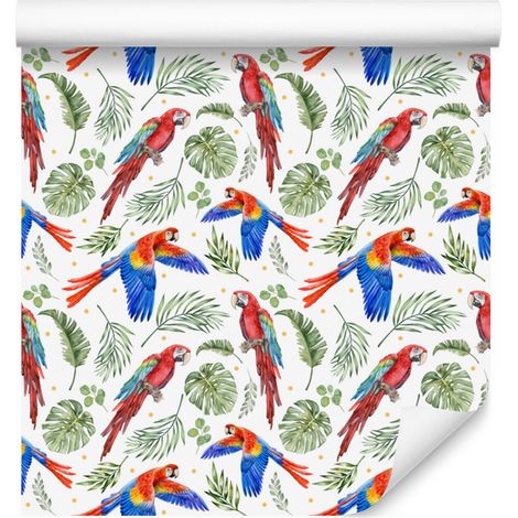 Papier peint perroquet blanc, gris clair et vert citron pour salon et chambre 50x1000 (1/5)