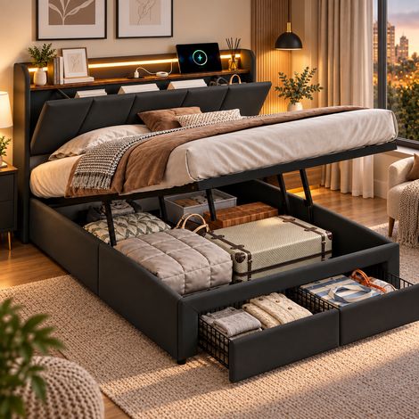 Lit coffre 140x190 avec 2 tiroirs, lit double avec éclairage LED, USB + Type-C, rangement hydraulique, sommier à lattes, Lin noir (1/5)