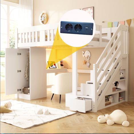 Lit mezzanine blanc 140x200 cm avec escalier rangement, bureau équipé prise EU, bandeau LED multicolore, armoire, banc coffre, garde-corps haut, lit junior surélevé (1/5)