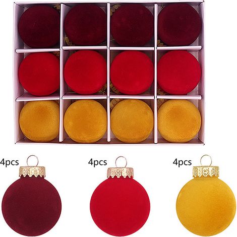 12 samtene Weihnachtskugeln, 6 cm Durchmesser, beflockt, zum Aufhängen am Weihnachtsbaum, für Feiertage, Geburtstage, Hochzeiten, weinrot und gelb (1/3)