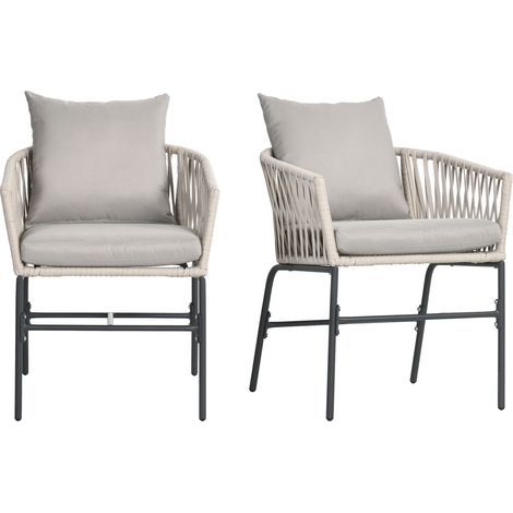 Ensemble de 2 chaises de terrasse, style bohème, coque d'assise confortable, coussins d'assise, housse lavable, structure en métal, beige (1/5)